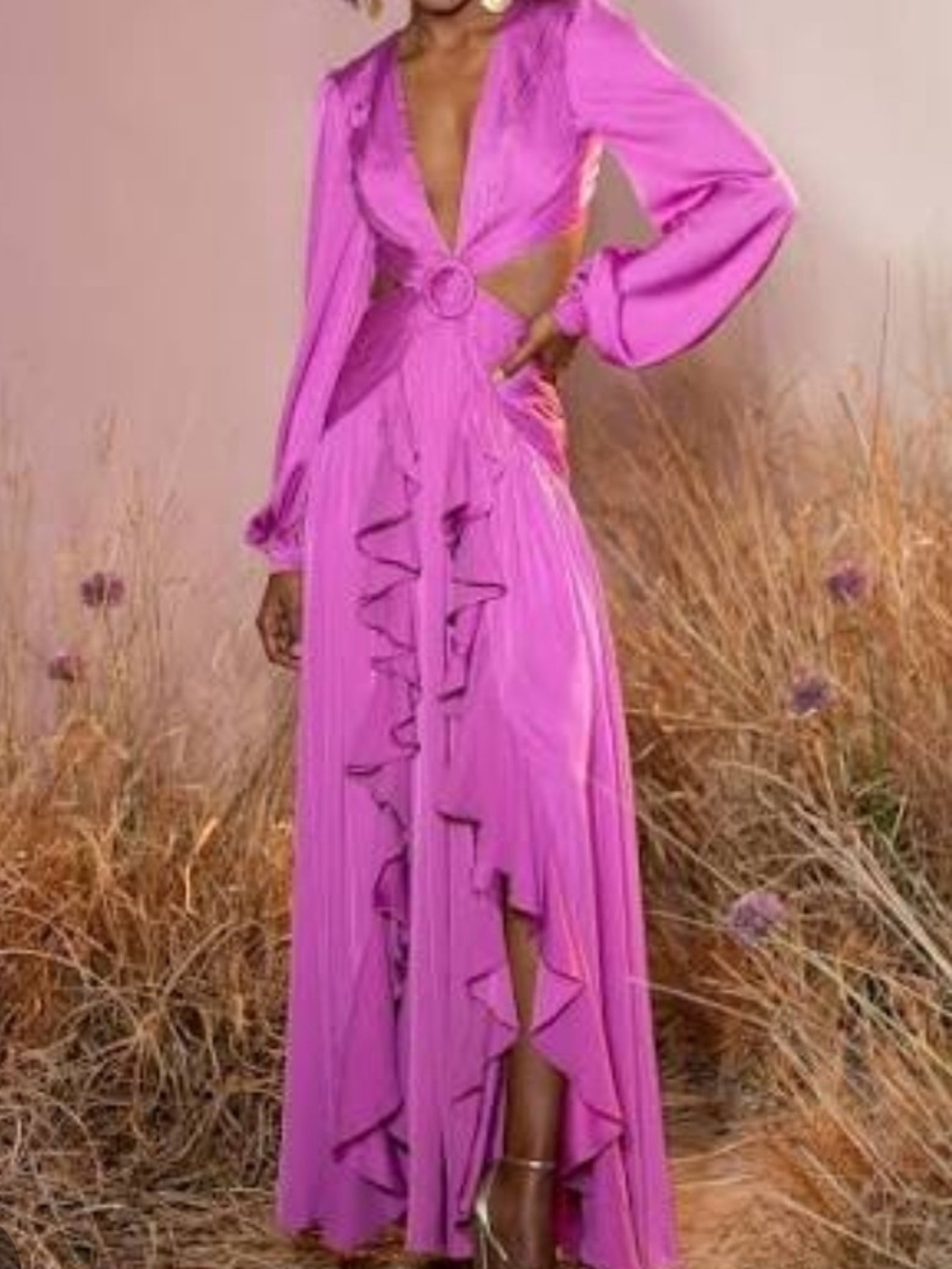 Pat BO Lavander Purple Ruffle Maxi Dress with Cutout Waist